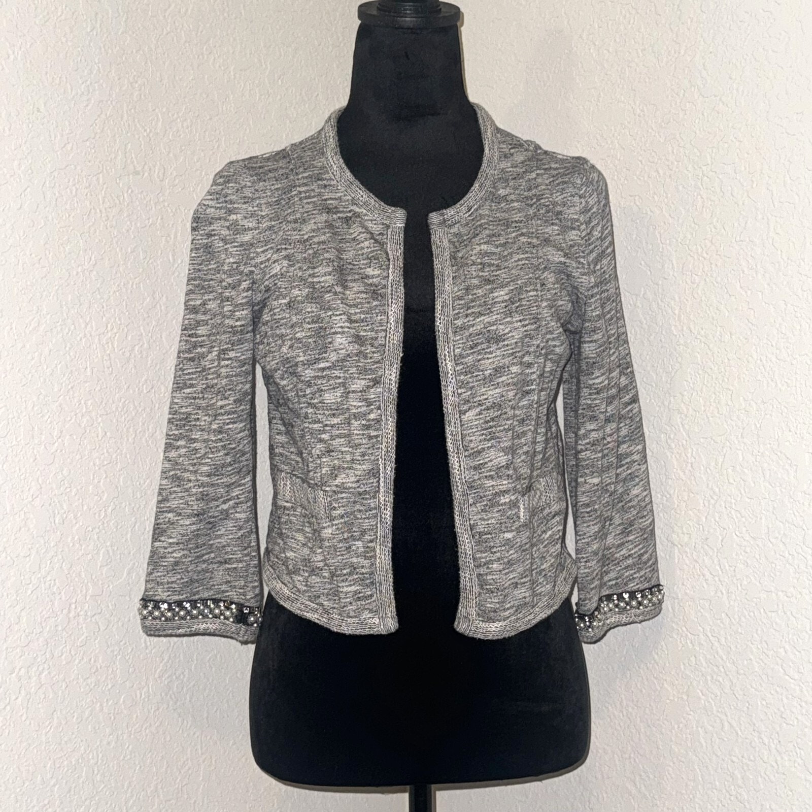 Express Open Cardigan Sweater Women's Small Heather Gray Beaded Sleeve Cropped